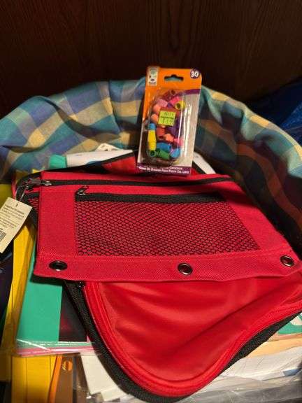 BASKET OF OFFICE SUPPLIES INCLUDING ORGANIZERS, FILES, FOLDERS, PAPER, MARKERS, PENCILS