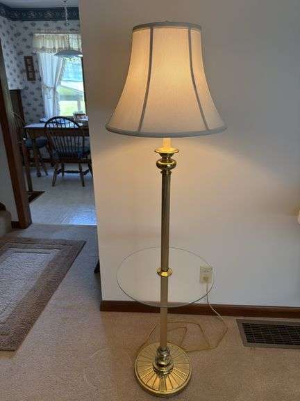 BRASS AND GLASS SHELF FLOOR LAMP