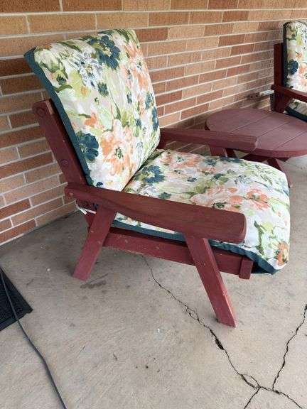 WOODEN PATIO SET OF TWO CHAIRS AND TABLE WITH CHAIR COVERS