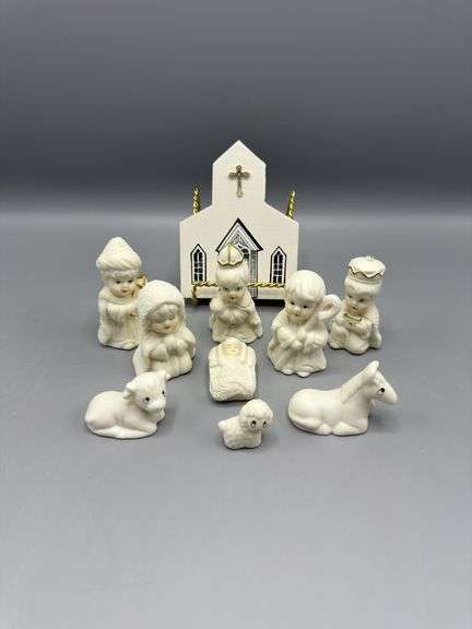 SNOW-BABY STYLE NATIVITY SET AND WOODEN OTTERBEIN U.M. CHURCH COLLECTIBLE