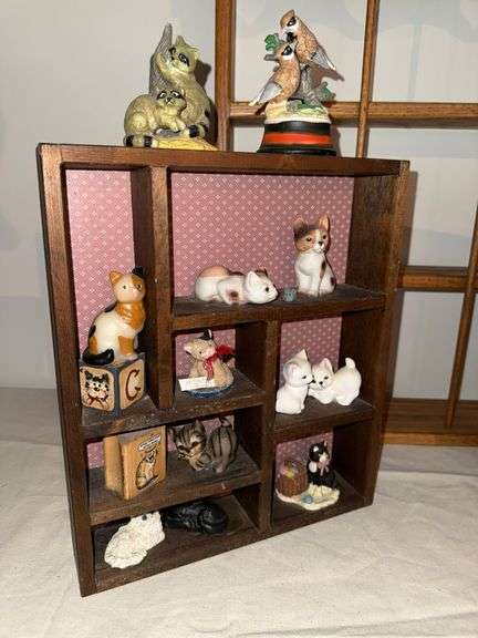 OAK WALL SHELVING/DISPLAY RACK, WOOD AND GLASS WALL ART, WOOD RACK WITH ANIMAL FIGURINES