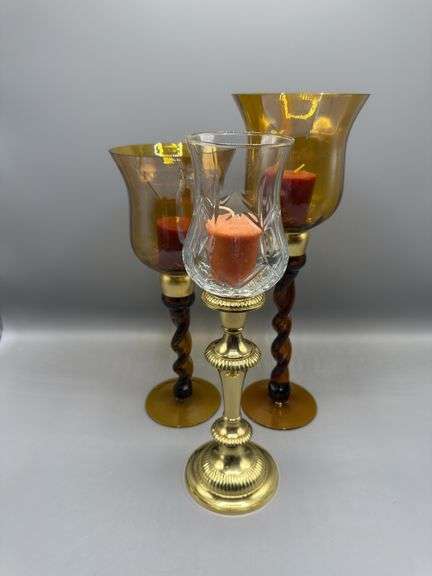 VINTAGE GLASS AND BRASS CANDLE HOLDERS