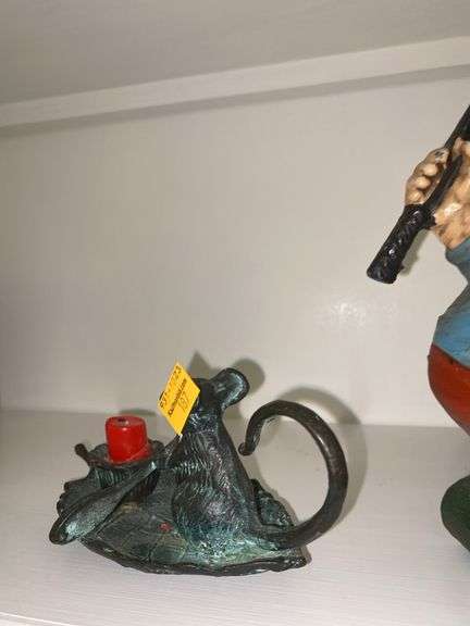 Cast Iron Golfer Figure and Cast Iron Mouse Candlestick Holder
