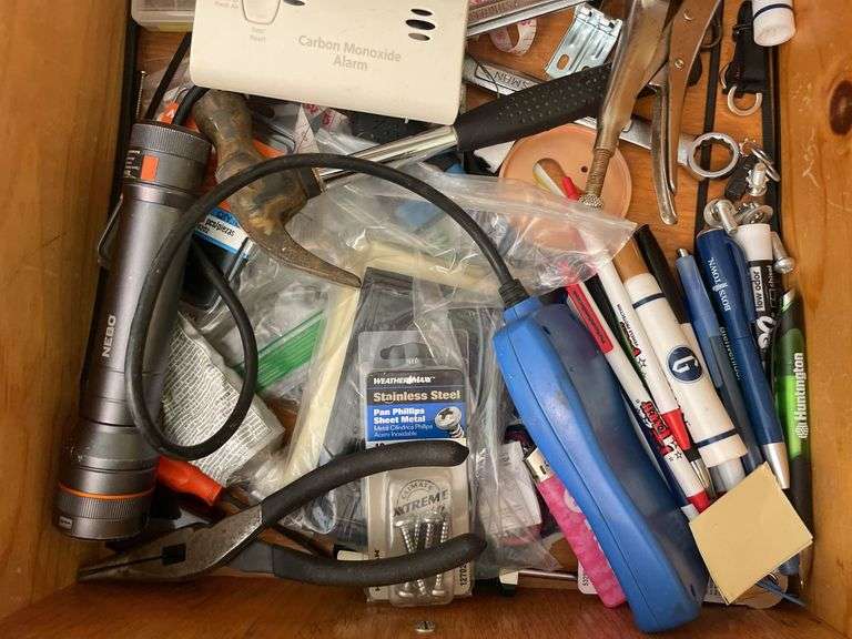 Contents of 2 drawers - tools, tape, batteries, and more