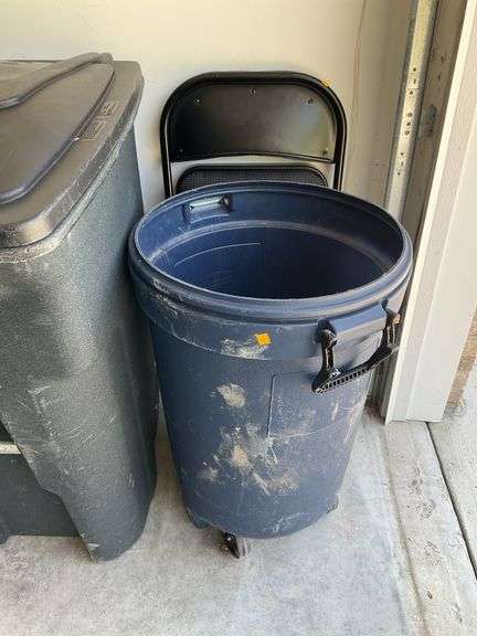 2 Trash Cans, Metal Folding Chair