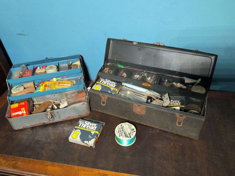 (2) antique tackle boxes with fishing supplies
