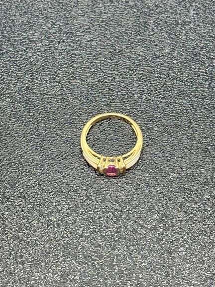 10K GOLD RING WITH RUBY, OPAL, DIAMOND @ APPROX. 2.5 GRAMS