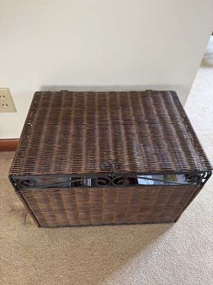 PAIR OF METAL FRAME WICKER BOX WITH VARIETY OF BOOKS