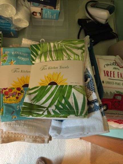 CONTENTS OF COUNTER TOP, TEA TOWELS (SOME NEW), CANDLES,