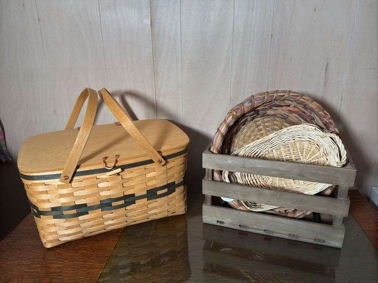 VARIETY IF BASKETS, ROYCE CRAFT PICNIC BASKET, WOOD CRATE