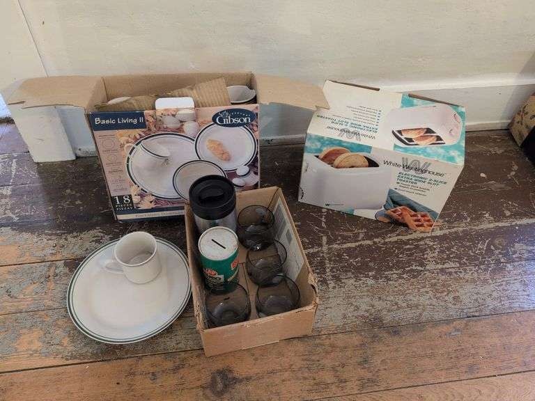 Toaster, dishes, and cups