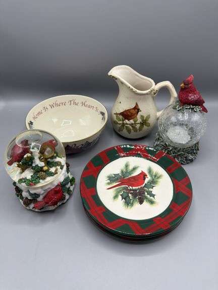 VARIETY OF CARDINAL DISHES, SNOWGLOBES, PITCHER, BOWL