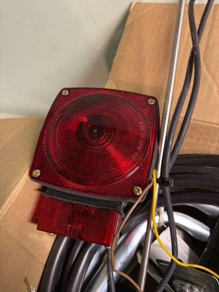 ASSORTMENT BOX WITH TAIL/BRAKE LIGHT, WIRING, GLASS SQUEEGEES, CASTERS, RADIO ANTENNA AND MORE