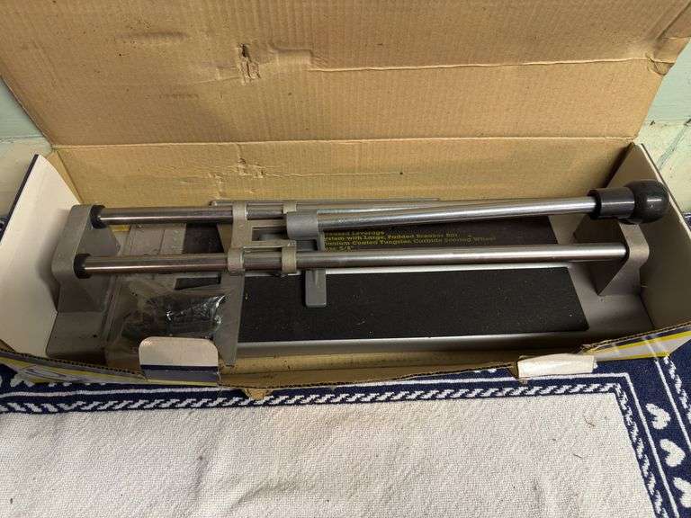VARIETY OF VINTAGE 14” TILE CUTTER, PAASCHE AIRBRUSH, POWER STAKE, STATUARY PUMP,