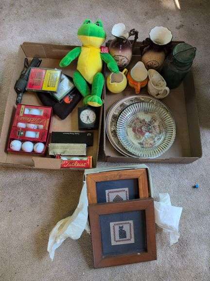 Golf balls, flashlights, plates, vase, pitcher, and more