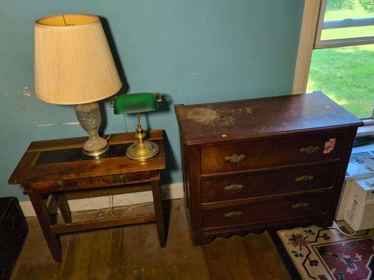 Wooden dresser, stand, and (2) lamps