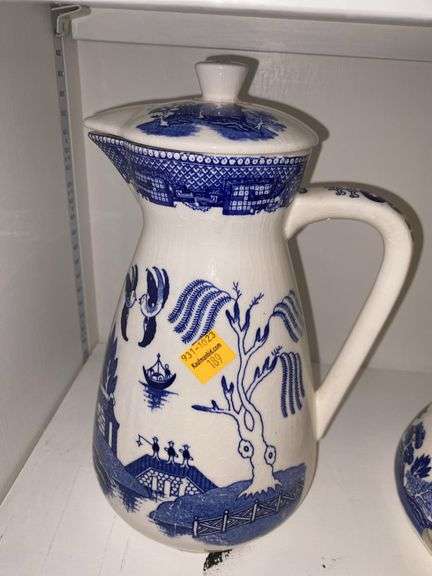 Ironstone Blue and White Transferware Tureen, Candlestick Holder and Pitcher