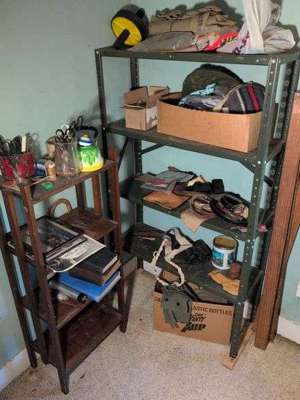 (2) stand with contents - binoculars, holster, belts, and more