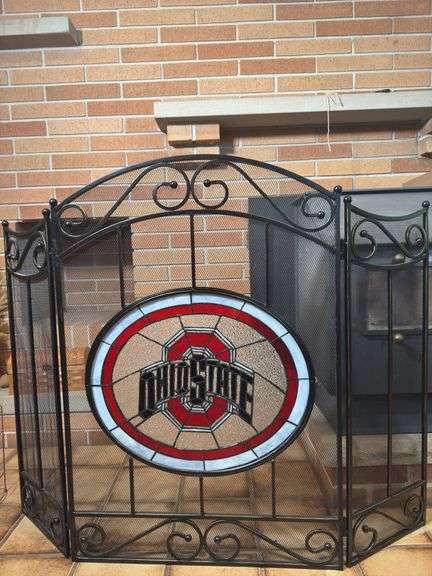 OHIO STATE STAINED GLASS FIREPLACE SCREEN, FIREPLACE TOOLS, COAL BUCKET