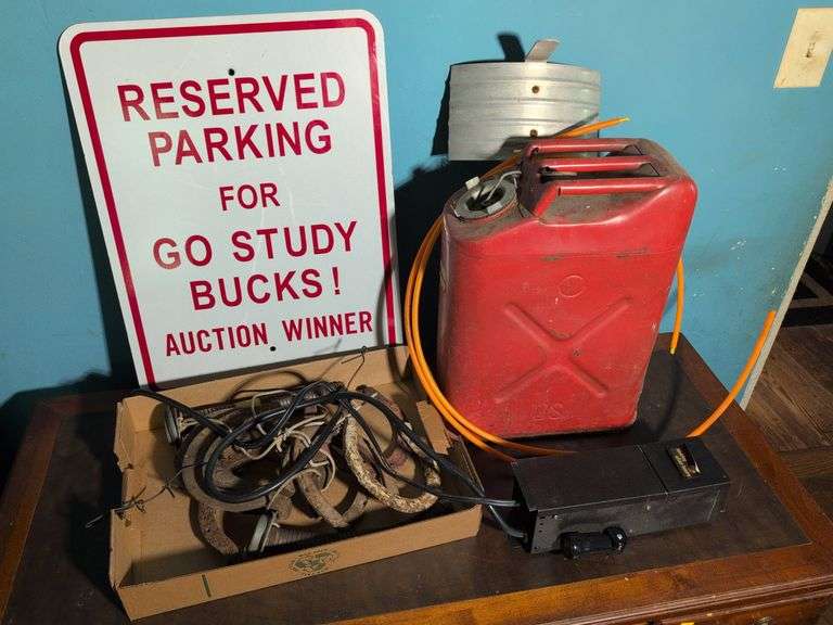 Horseshoes, metal gas can, parking sign, and more