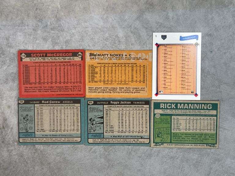 Matt Nokes, Rod Carew, Rick Manning, Scott McGregor, Reggie Jackson, Star Rookie Checklist Cards
