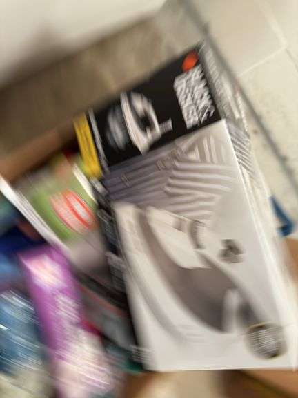 BLACK & DECKER QUICK-PRESS IRON AND BOX OF CLEANING SUPPLIES
