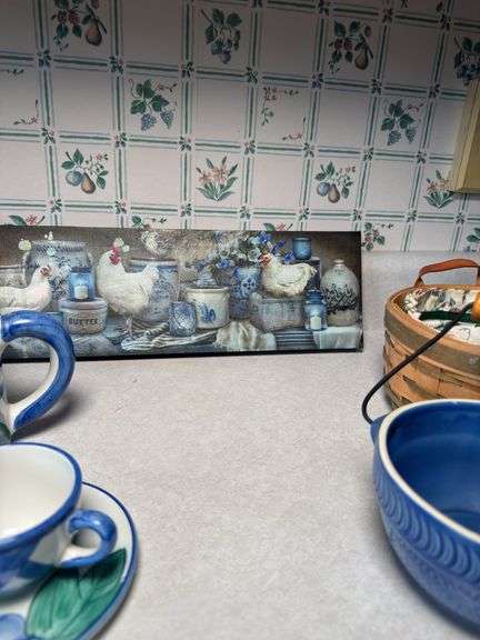 MIKASA TEA PITCHER AND TEA CUPS, BOWL, WALLART, BASKET BY ROYCE CRAFT,CANDLE