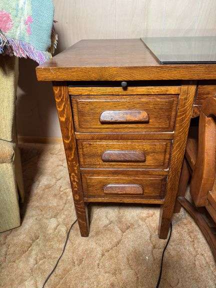 VINTAGE OAK DESK WITH MATCHING WOODEN DESK CHAIR
