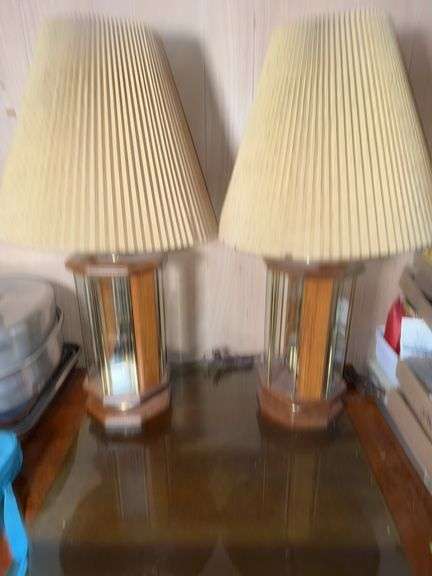 PAIR OF HEAVY SOLID OAK AND GLASS TABLE LAMPS