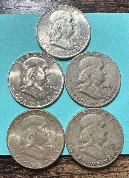 Lot of Five (5) Franklin Silver Half Dollars