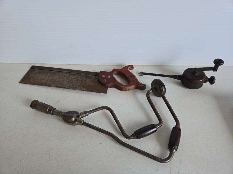 Vintage hand drill, saw, tool