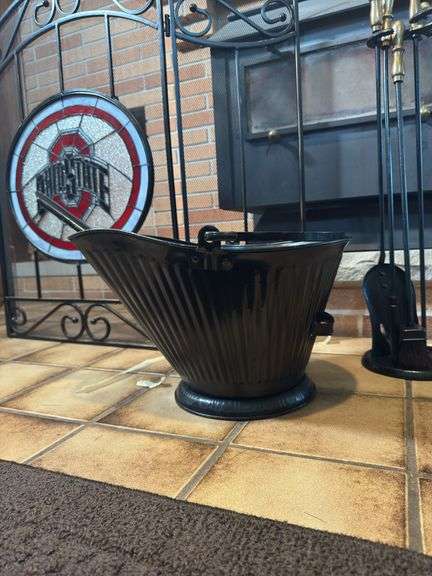OHIO STATE STAINED GLASS FIREPLACE SCREEN, FIREPLACE TOOLS, COAL BUCKET