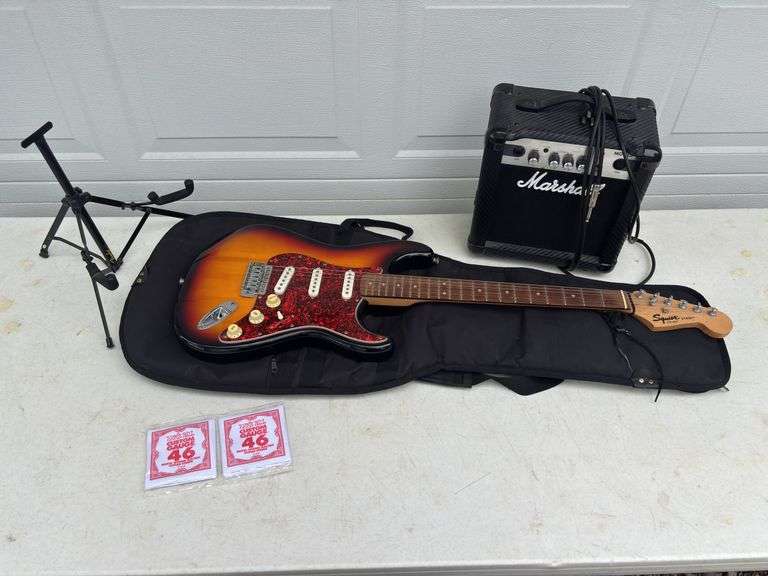Fender Electric Guitar w/ Bag , Stand , Extra Strings , Marshall Amplifier