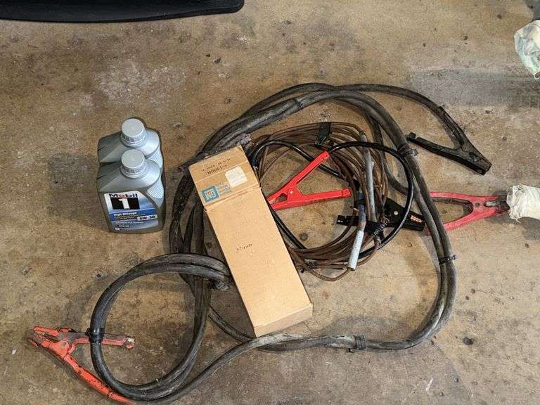 PAIR OF JUMPER CABLES, MOTOR OIL, AND GM SIDE MIRROR (SEE SERIAL CODE)