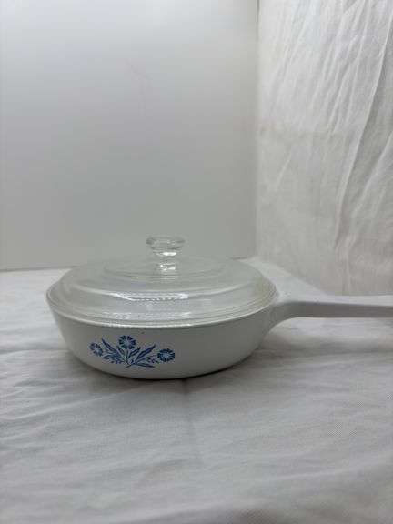 CORNINGWARE BLUE CORNFLOWER FRYING PANS, MINI CASSEROLE DISHES