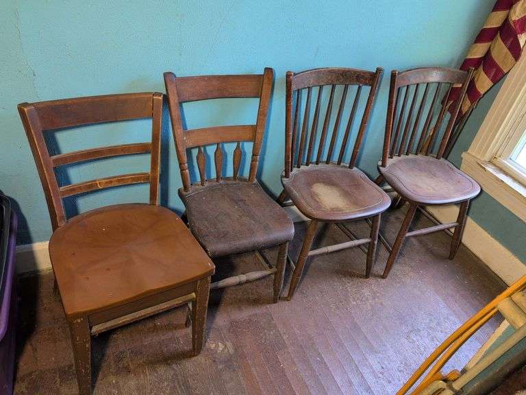 (4) mismatched wooden dining chairs