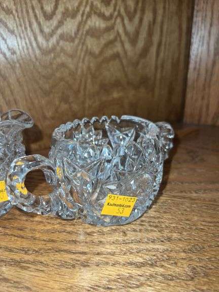 (2) Crystal Cut Glass Creamer and Sugar Set, (2) Crystal Cut Glass Salt and Pepper Shakers, (2) Glas