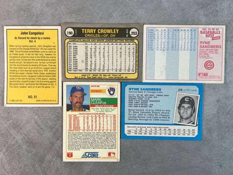 Mark Clear, Terry Crowley, Ryne Sandberg, John Cangelosi Cards