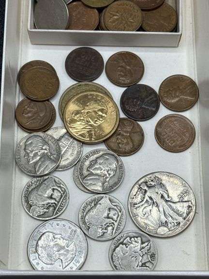 ASSORTMENT OF COINS INCLUDING BUFFALO NICKELS, WALKING LIBERTY HALF-DOLLAR, GOLD DOLLARS, MEXICO CEN