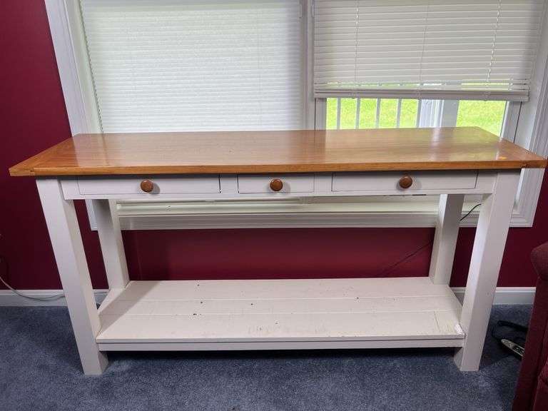 Unmarked Wooden Table with 3 Drawers, and Contents