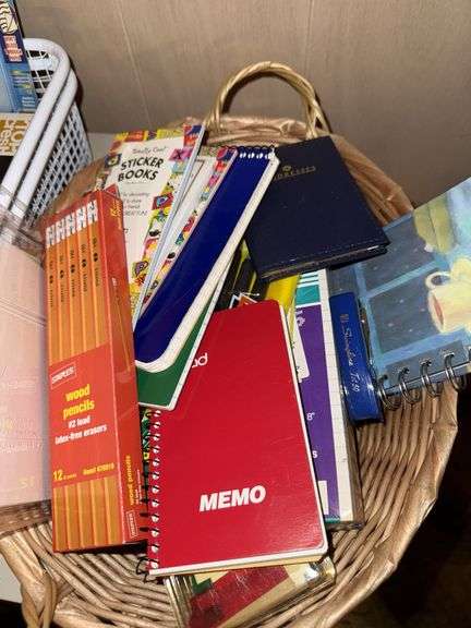 OFFICE SUPPLIES: ORGANIZER BASKETS, SCISSORS, PENS, PENCILS, MARKERS, NOTEPADS, STAPLER