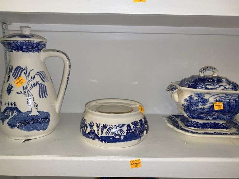 Ironstone Blue and White Transferware Tureen, Candlestick Holder and Pitcher