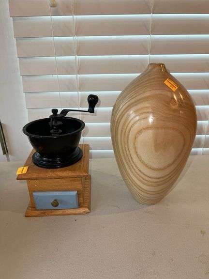 Vintage Coffee Grinder and Wooden Vase
