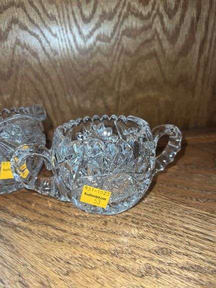 (2) Crystal Cut Glass Creamer and Sugar Set, (2) Crystal Cut Glass Salt and Pepper Shakers, (2) Glas