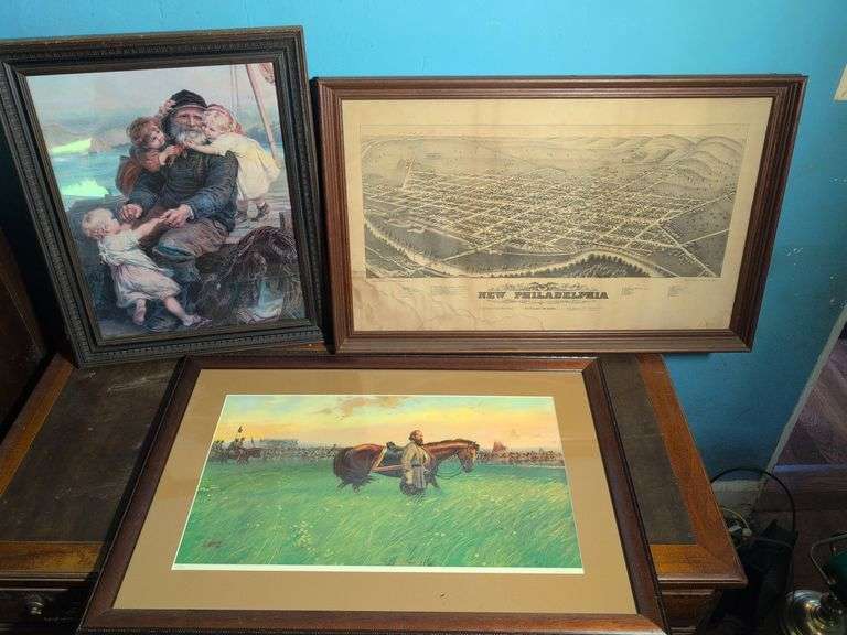(3) framed pictures - 1884 New Philadelphia map, Civil War image, and fisherman print