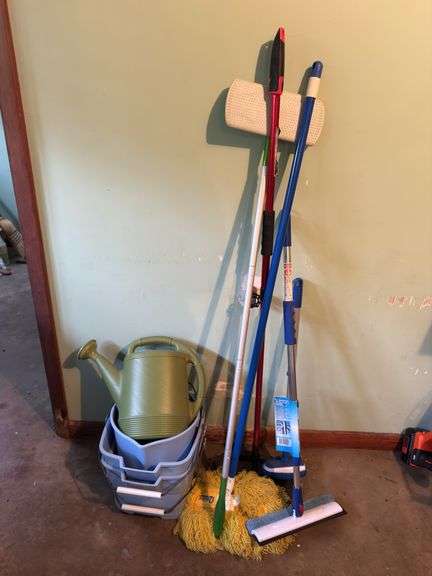 CLEANING SUPPLIES, MOPS, SWIVEL WINDOW WASHER, 2 GAL. BUCKETS, WATERING CAN