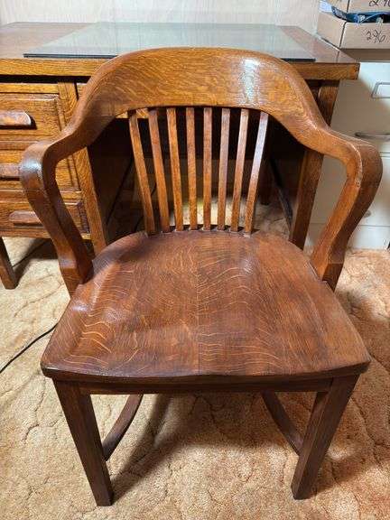 VINTAGE OAK DESK WITH MATCHING WOODEN DESK CHAIR