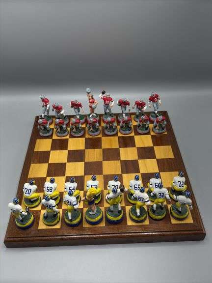 CUSTOM OHIO VS MICHIGAN CHESS SET WITH HEAVY LEAD CHESS PIECES AND WOOD CHESS BOARD