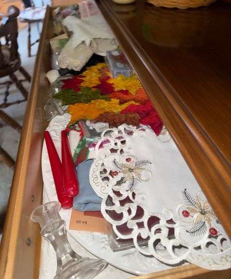 CONTENTS OF CHINA HUTCH DRAWERS AND LOWER CABINETS (ITEMS IN PHOTOS)