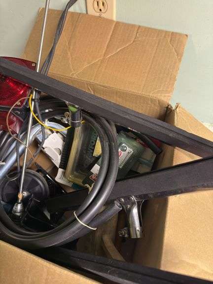 ASSORTMENT BOX WITH TAIL/BRAKE LIGHT, WIRING, GLASS SQUEEGEES, CASTERS, RADIO ANTENNA AND MORE